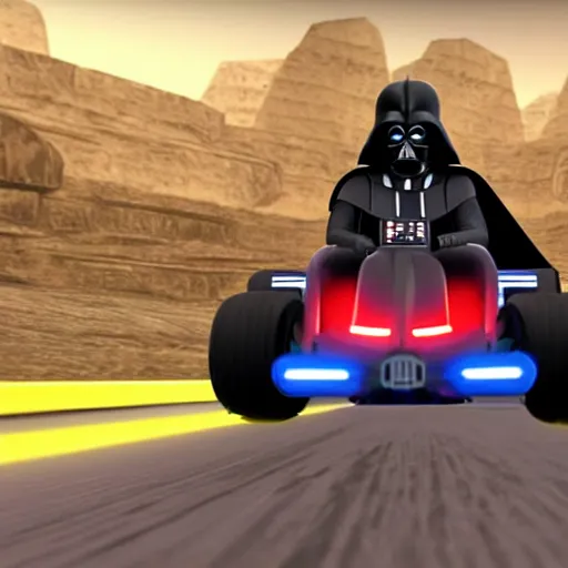 Image similar to still image of darth vader driving in mario kart tour deluxe race, unreal engine