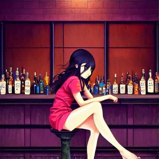 Image similar to a beautiful girl with long dark hair, sitting alone at a bar, night time, intricate, highly detailed, digital painting, artstation, official media, anime key visual, concept art, rich vivid colors, ambient lighting, sharp focus, illustration, art by Artgerm, Makoto Shinkai, Ilya Kuvshinov, Lois Van Baarle, and Rossdraws