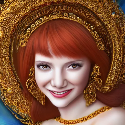 Image similar to Close up of a Highly detailed embroidery painting of a beautiful young woman with red hair, smiling, white clothes with gold details, Golden thread, golden details, intricate details, intricate patterns 4k, 8k, HDR