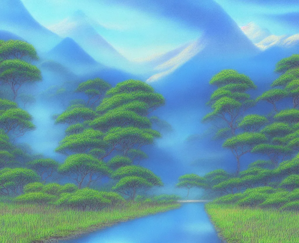 Image similar to a landscape pastel in the style of noriyoshi ohrai of a blue reflective path to some misty mountains in the background. along the path stands pillars that reflect in the water. key art. 4 k fantasy