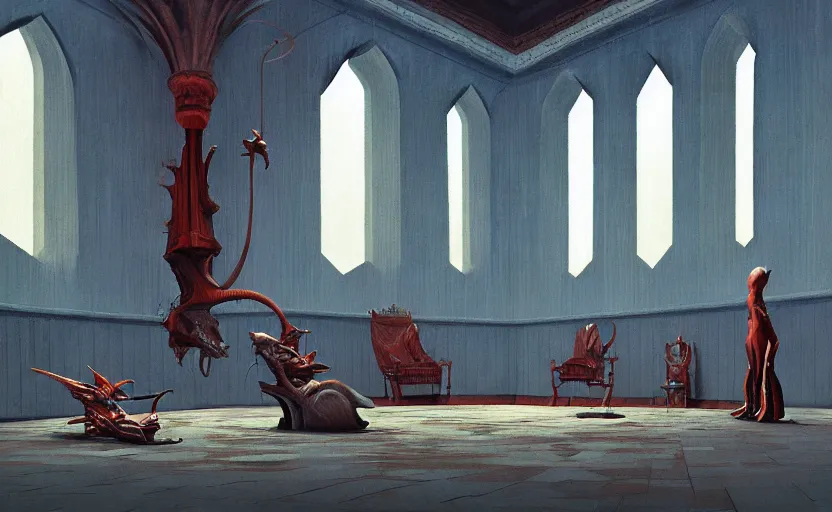 Prompt: Inside castle throne room, highly detailed, very coherent, painted by Francis Bacon and Edward Hopper, Wayne Barlowe, painted by James Gilleard, surrealism, airbrush, art by JamesJean