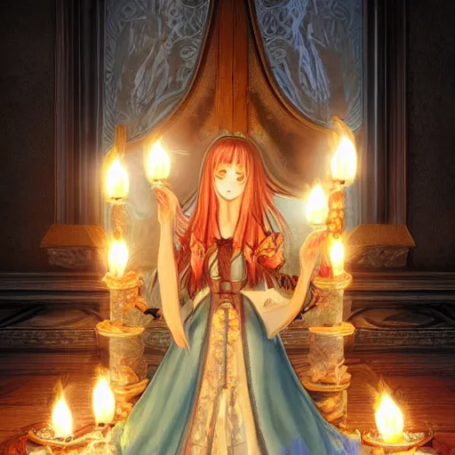 Prompt: a room is lit by dozens of flickering candles, and the air is thick with incense. highly detailed, digital photo, HDRI, vivid colors, high contrast, 8k resolution, intricate, photorealistic, smooth advanced digital anime art, a very cute beautiful and gorgeous woman wearing a dress made of fire and water , full body, very long wavy azure blue hair, braided hair, white highlights in hair, azure blue watery eyes, full round face, cinematic lighting, mid-shot, highly intricately detailed, trending on pixiv, Artstation, Totorrl, Visual Key, and Sakimichan-A ddim