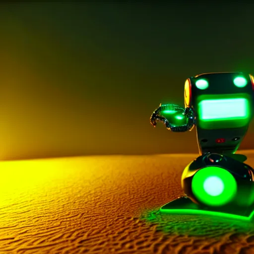 Image similar to a robot snake with glowing green light in the desert, octane render, 3D, accurate