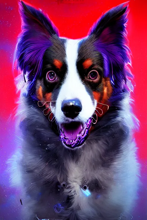 Image similar to a beautiful portrait of a cute cyberpunk red tri australian shepard by greg rutkowski and wlop and sandra chevrier, purple blue color scheme, high key lighting, volumetric light, digital art, highly detailed, fine detail, intricate, ornate, complex, octane render, unreal engine, photorealistic