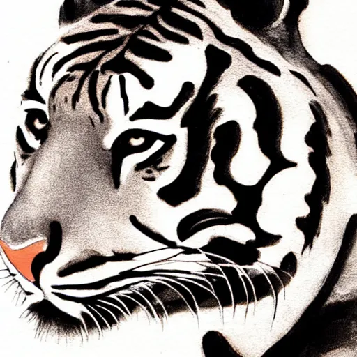 Image similar to tiger head, inkwash painting, highly detailed, traditional japanese art,