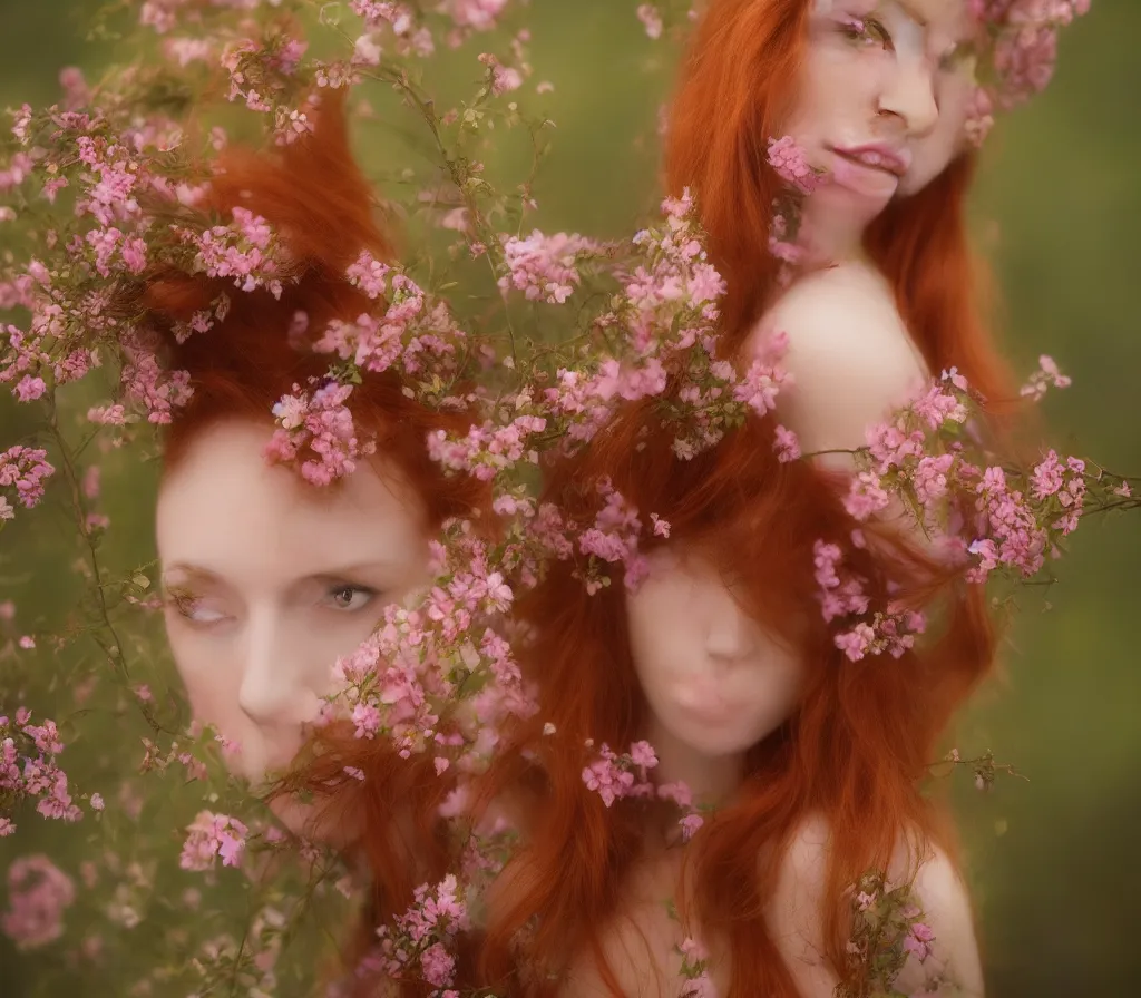 Prompt: Fine art photo of a beauty model, she is redhead, she is posing while maintain a sweet eye contact to the camera, she has a crown of flowers and she has flowers around her, the photo was taken at sunset; you can see a bokeh effect behind the model, the photo was taken by Annie Leibovitz, photorealistic, matte painting, hyper realistic, concept art, 4k, 8k, cinematic composition, cgsociety, HD, highly detailed, octane render, unreal engine 5, trending on artstation, shaders