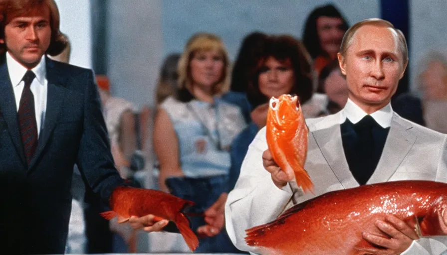 Image similar to 7 0 s movie still of putin in game show, proudly holding a salmon. cinestill 8 0 0 t _ 3 5 mm eastmancolor, heavy grain, high quality, high detail