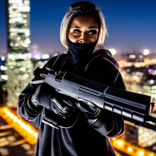 Prompt: photographic portrait of a techwear woman holding a shotgun, closeup, on the rooftop of a futuristic city at night, sigma 85mm f/1.4, 4k, depth of field, high resolution, 4k, 8k, hd, full color, Die Hard, movies with guns, movie firearms, face closeups