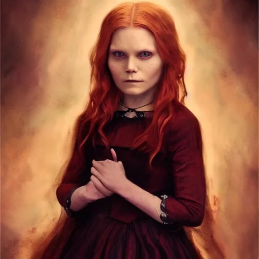 Image similar to majestic gracious regal aristocratic redhead child version of kirsten dunst as the vampire child claudia portrait, indoors, atmospheric lighting, painted, intricate, volumetric lighting, beautiful, rich deep colours masterpiece, sharp focus, ultra detailed, by leesha hannigan, ross tran, thierry doizon, kai carpenter, ignacio fernandez rios