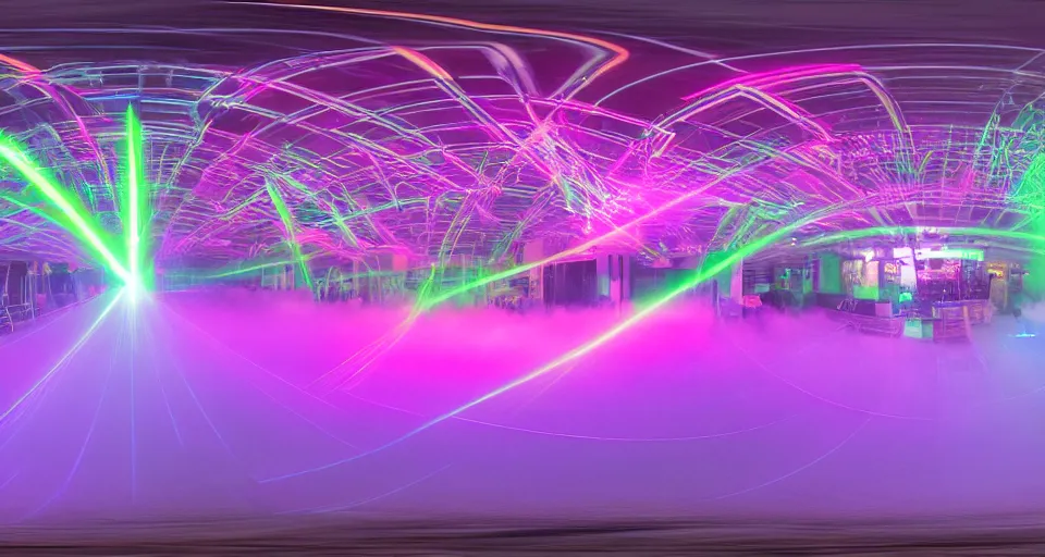 Image similar to A panoramic 360 landscape photo of a dance club with neon laser lights beamed through fog. PROMPT, XF IQ4, 150MP, 50mm, f/1.4, ISO 200, 1/160s, natural light, Adobe Photoshop, Adobe Lightroom, DxO Photolab, Corel PaintShop Pro, rule of thirds, symmetrical balance, depth layering, polarizing filter, Sense of Depth, AI enhanced