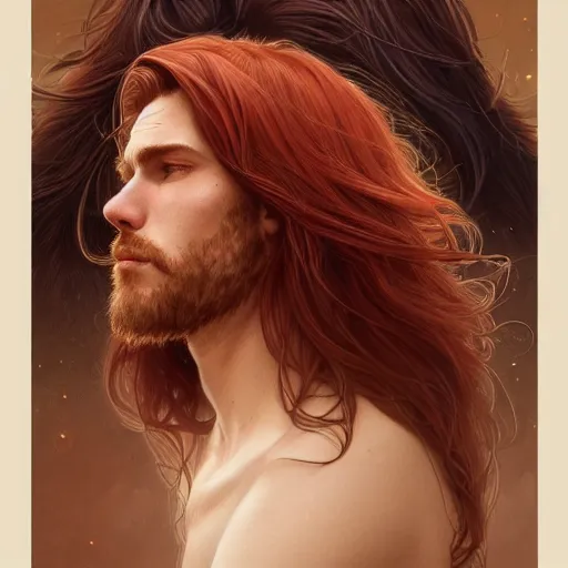 Prompt: portrait of a man - bear, male, handsome, masculine, full body, red hair, long hair, soft hair, fantasy, intricate, elegant, highly detailed, suit, coffee shop, digital painting, artstation, concept art, character art, smooth, sharp focus, illustration, art by artgerm and greg rutkowski and alphonse mucha