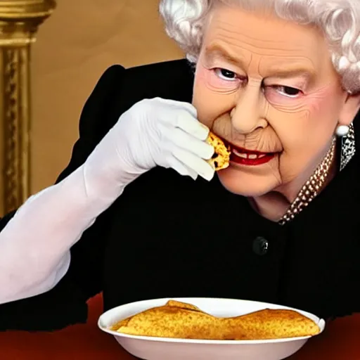 Prompt: Queen Elizabeth biting into a Taco Bell burrito