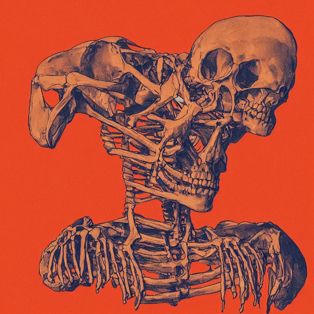 Image similar to vivid risograph of one skeleton on orange background