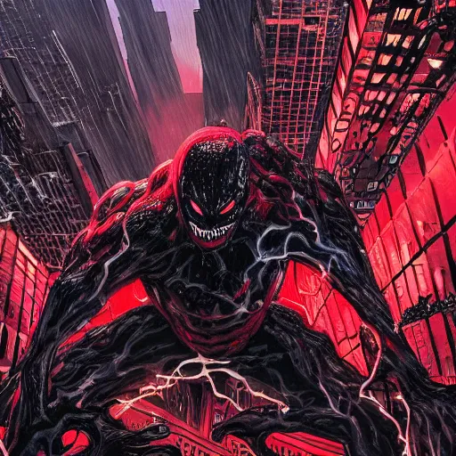 Image similar to carnage symbiote destroying new york city on a dark and gloomy night