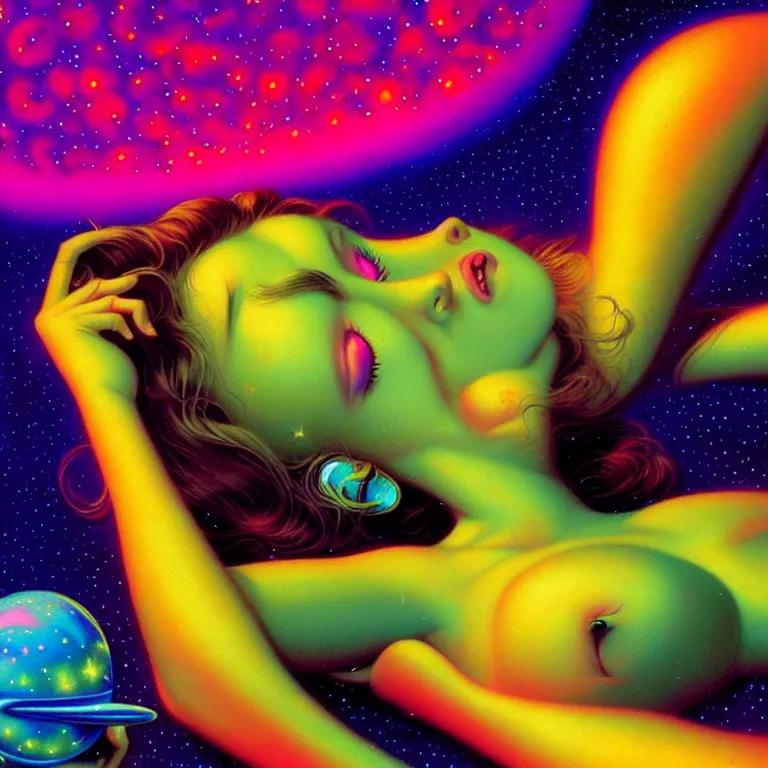 Prompt: cosmic girl, 2 0 yo, reclining close - up, bright neon colors, highly detailed, cinematic, tim white, michael whelan, roger dean, bob eggleton, philippe druillet, vladimir kush, kubrick, alfred kelsner