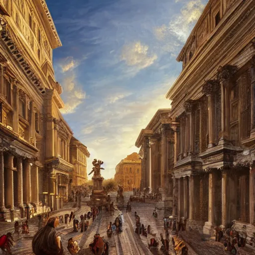 Prompt: an accurate depiction of the city of rome in its prime while people are walking around in the city, highly intricate detailed, light and shadow effects, intricate, highly detailed, digital painting, art station, concept art, smooth, sharp focus, illustration, advanced digital art, atmospheric lighting, detailed face, 8 k, hq