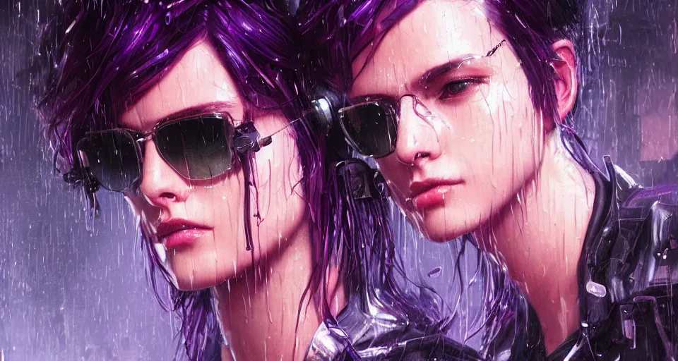 Prompt: very detailed masterpiece painting of a very beautiful wet young cyberpunk woman with sunglasses, dark purple hair and cybernetics, closeup, cyberpunk background, purple lighting, raining, portrait, artstation, concept art by greg rutkowski