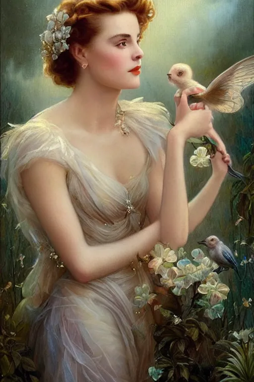 Prompt: A young and extremely beautiful Grace Kelly explaining the birds and the bees by Tom Bagshaw in the style of a modern Gaston Bussière, art nouveau, art deco, surrealism. Extremely lush detail. Perfect composition and lighting. Profoundly surreal. Sultry look on her face.