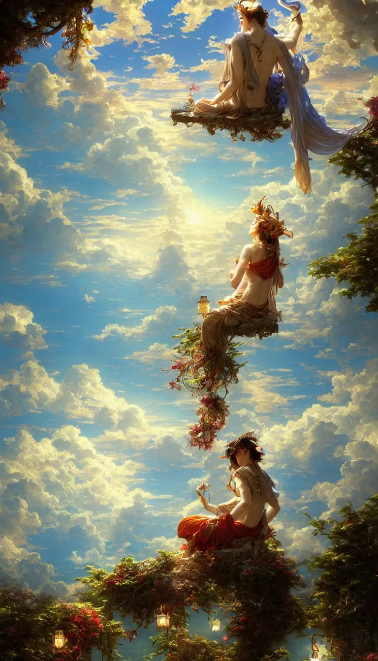 Image similar to wind deity enjoying the view from his stone heavenly palace, decorated with windchimes and paper lanterns, stunning nature and clouds in background, digital art, stanley artgerm lau, greg rutkowski, thomas kindkade, alphonse mucha, loish, norman rockwel