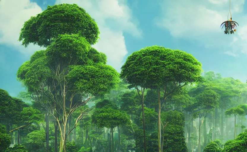 Prompt: big skyscraper levitate over the jungle, ghibli style octane render, sky in a background, huge green trees