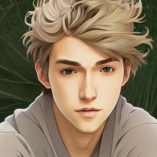 Prompt: young man with short, ash blond greyish hair, light brown eyes, casual clothes, relaxing, happy, path traced, highly detailed, high quality, digital painting, by studio ghibli and alphonse mucha, beautiful details