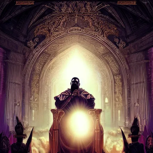 Image similar to Portrait of Kanye West as the god-emperor of mankind, amazing splashscreen artwork, splash art, natural light, elegant, intricate, fantasy, atmospheric lighting, cinematic, matte painting