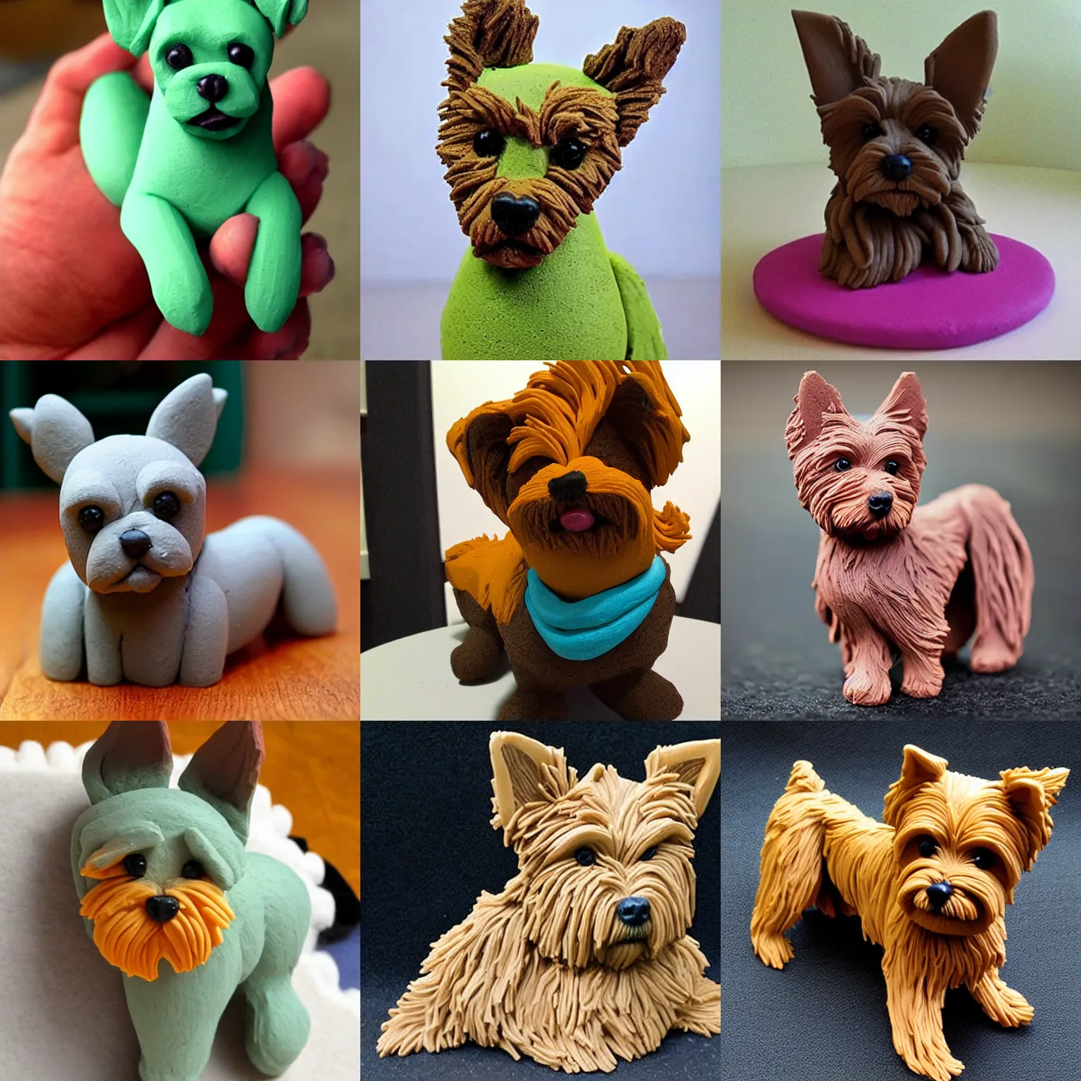 Prompt: a beautiful sculpture of a very cute yorkshire terrier made out of playdoh.