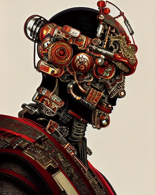 Prompt: portrait of a male cyberpunk machine, machine face, upper half portrait, decorated with chinese opera motifs, asian, fine china, wuxia, traditional chinese art, intricate, elegant, highly detailed, symmetry, headpiece, digital painting, artstation concept art smooth sharp focus, illustration, art by artgerm and greg rutkowski alphonse mucha 8 k