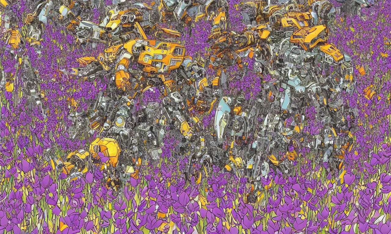 Image similar to a battle mech war in a mystical field of flowers, detailed line drawing, intricate, hd, digital art, complementing colors, detailed, illustration painting by alex gray, digital art, moebius