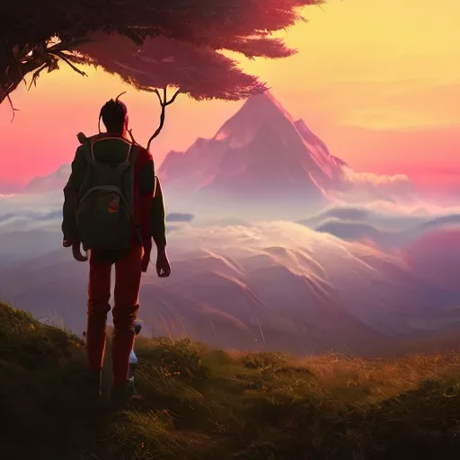 Image similar to young man facing the desperate and endless call of the void, mountain top above clouds, beautiful sunset, unreal 5 render, vivid colors, high detail, studio ghibli, digital art, octane render, beautiful composition, trending on artstation, award - winning photograph, masterpiece