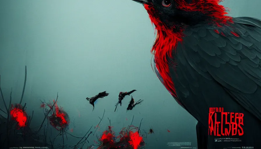 Image similar to movie poster of a horror movie about killer birds, dark background, red smoke, commercial billboard, hyperdetailed, artstation, cgsociety, 8 k