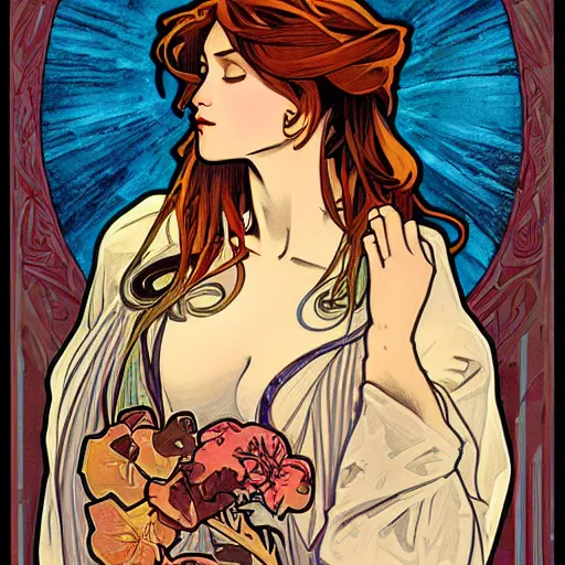 Image similar to a painting in the style of alphonse mucha and in the style of ayami kojima.