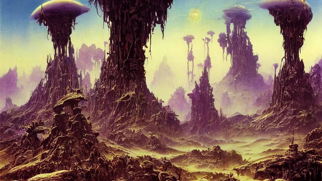 Image similar to surreal eerie alien planet empire with strange biomechanical plants by frank frazetta and bruce pennington, cinematic matte painting