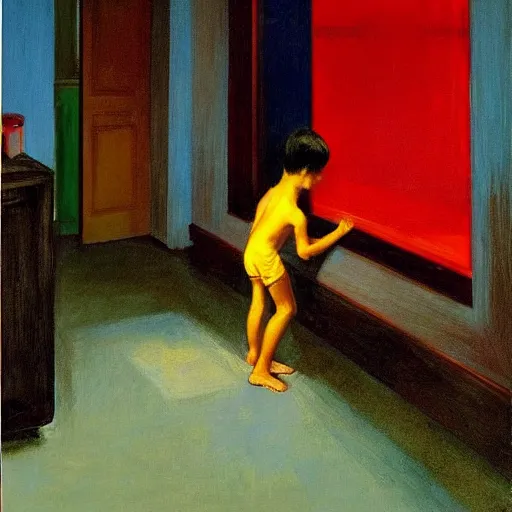 Prompt: a boy playing in a singaporean hdb flat, by edward hopper