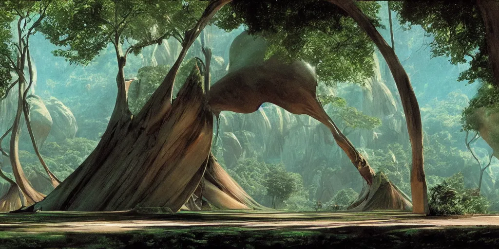 Image similar to a twirly monument right in the middle of a huge crater in a tropical forest, ralph maquarrie and syd mead cinematic matte painting, 4 k