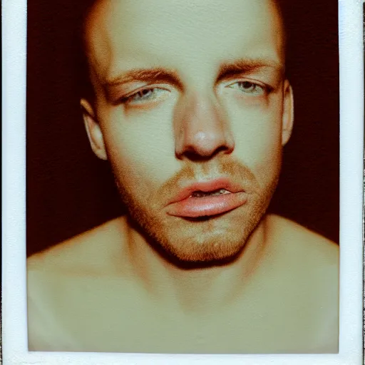 Image similar to a liquid white clay porcelain portrait of a dude face melt down flow go runny white skin fluid, realistic detailed watercolor polaroid, grainy image, contrast