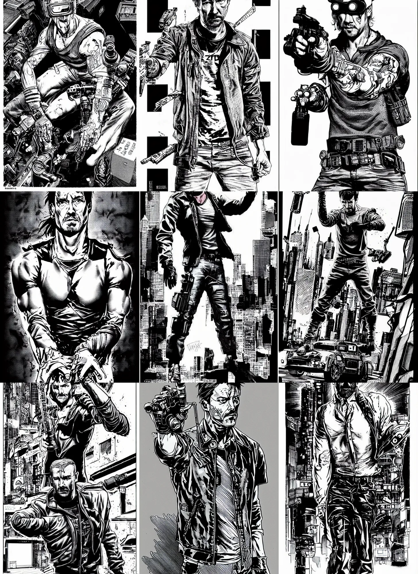 Prompt: aiden gillen, arms akimbo pose, cyberpunk 2 0 2 0 manual, by steampoweredmikej, by tim bradstreet, inktober, ink drawing, black and white, coloring pages, manga, highly detailed