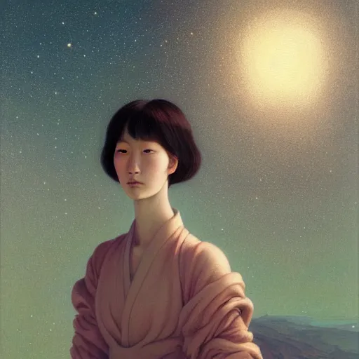 Image similar to a ultradetailed beautiful painting of a young german japanese woman on mars by hsiao ron cheng, ngai victo, nivanh chanthara jean delville wlop and dougherty patrick, trending onv artstation, light sparkles, major arcana sky, sharp focus, soft light