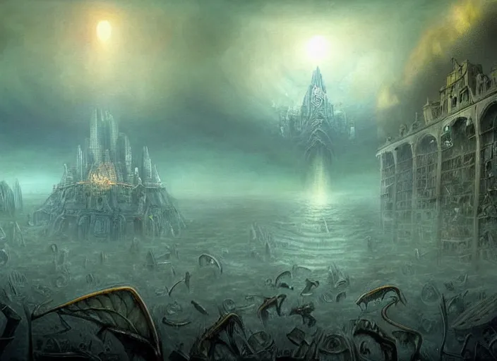 Prompt: underwater end of the world among crowd of lot of people, clouds, fire, demons, plants, bridge, buildings, people, serpent, strange creatures walking around, falling from sky, big titan creature in the center, splitting the sky and the ocean and the tall city, by vladimir kush and giger and zdzislaw