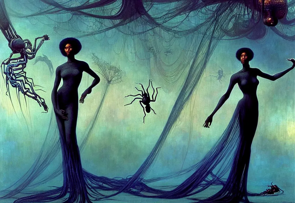 Prompt: realistic detailed portrait movie shot of a single beautiful black woman in a transparent sheer fabric dress dancing with a giant spider, futuristic sci fi landscape background by denis villeneuve, jean delville, yves tanguy, ernst haeckel, alphonse mucha, max ernst, monia merlo, roger dean, sci fi necklace, masterpiece, dreamy, rich moody colours