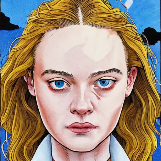 Prompt: professional painting of Elle Fanning in the style of Geof Darrow, head and shoulders portrait, symmetrical facial features, smooth, sharp focus, illustration, intricate, stormy weather, extremely detailed masterpiece,