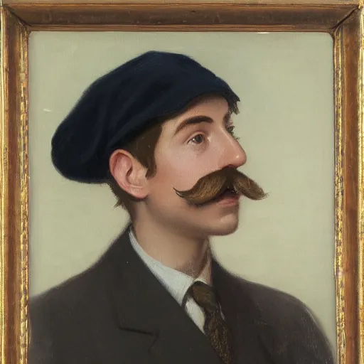 Image similar to portrait of a british young man in a flat cap, a light mustache, and a nice brown suit, oil painting