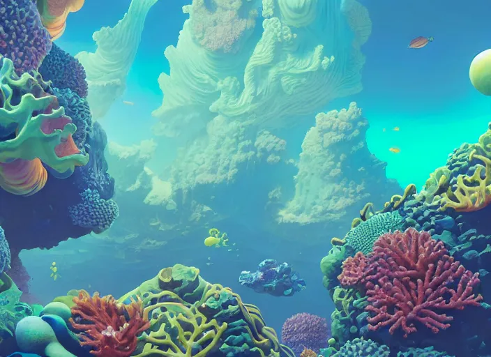 Prompt: a luminescent coral reef by paolo eleuteri serpieri and tomer hanuka and chesley bonestell and daniel merriam and tomokazu matsuyama and killian eng, unreal engine, high resolution render, featured on artstation, octane, 8 k, highly intricate details, vivid colors, vector illustration, rainbow colors