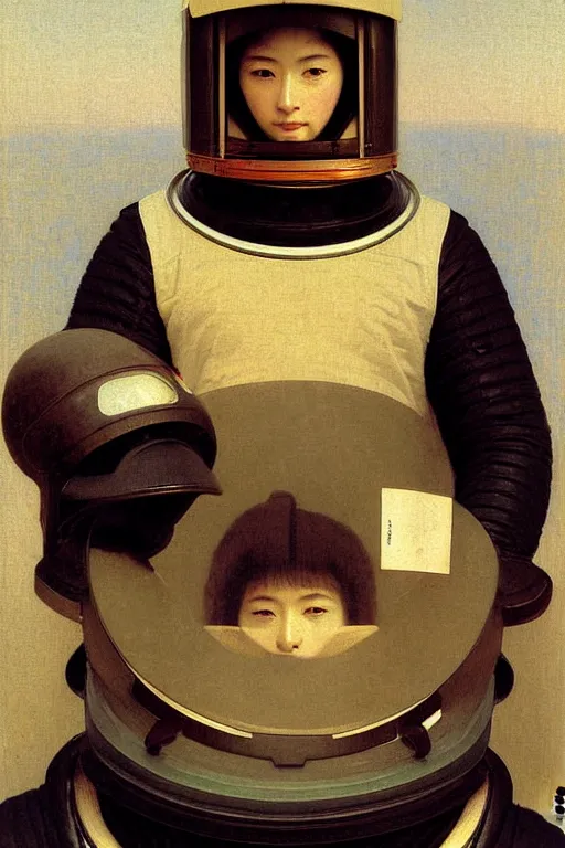 Image similar to portrait of a astronaut in samurai helmets, by bouguereau