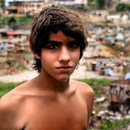 Image similar to a teenage boy, around 1 9 years old with natural brown hair, loincloth and sandals, pale skin. as homeless. detailed face. slums in background. natural colors. hyperrealistic photo.