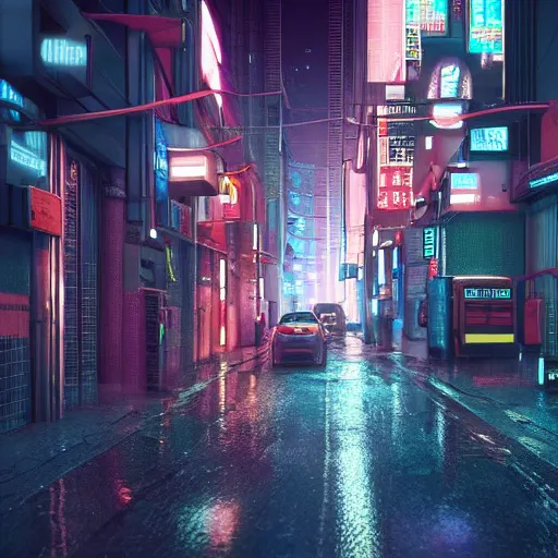 Prompt: cyberpunk narrow street. Tall buildings. Neon signs. Wires, garbage. Cans on the ground. Rain. Reflective ground. High details. Ultra realistic. Futuristic. Artstation trending. Unreal engine.