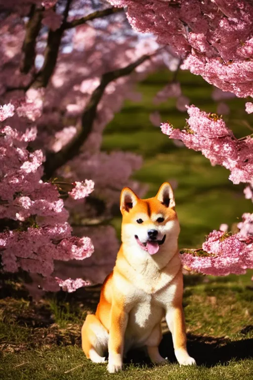 Image similar to shiba inu puppy sits under cherry blossom tree, cinematic light, 8k photography