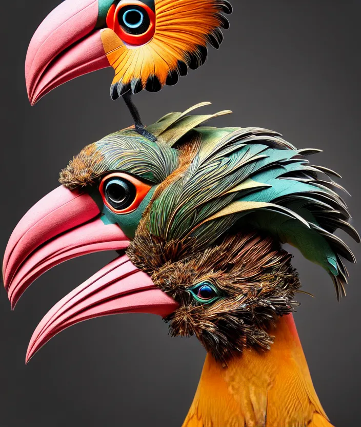 Image similar to a high resolution realistic photo portrait of a birdlike sculpture creature made of birds merged, creature wrinkles pheasant, feathers exotic morphing hoopoe, morphing wings king vulture head