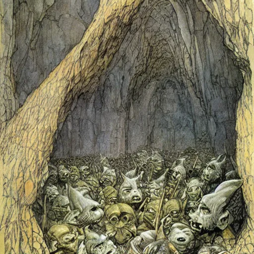 Prompt: cave full of goblins by Alan Lee