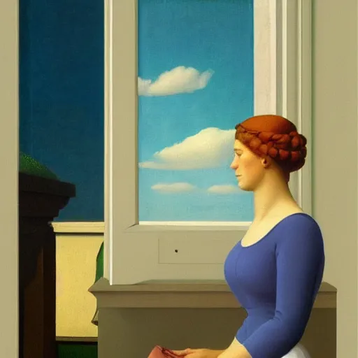 Prompt: a sight for sore eyes by Raphael, Hopper, and Rene Magritte. detailed, romantic, enchanting, trending on artstation.